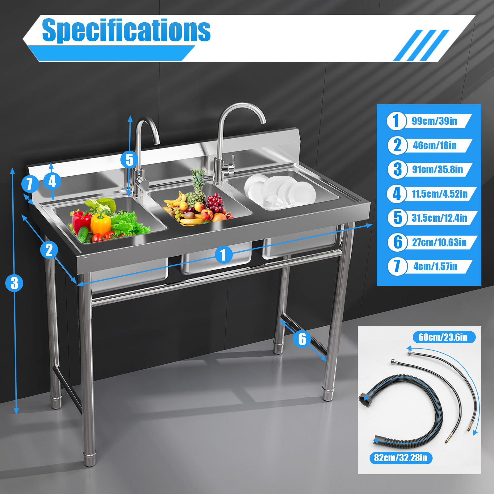 Commercial Kitchen Taps - Zlewozmywak kuchenny 3-dzielny ze stali nierdzewnej