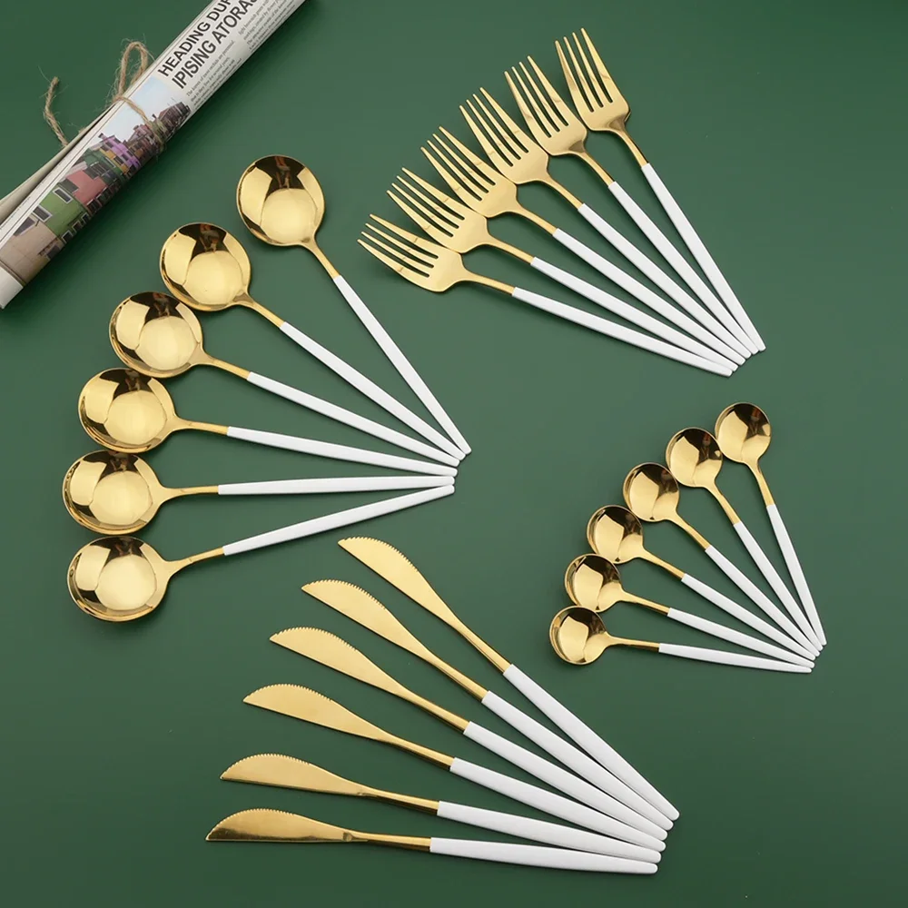 Commercial Kitchen Knife Set - Zestaw Sztućców 16/24/32/48 Elementów Biało-Złoty Zestaw